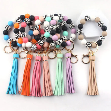 Elastic Silicone Wooden Beaded Wristlet Bracelet Keychain Cute Boho Tassel Modern Car Keyring Holder Bangle Keychains Bag Charm