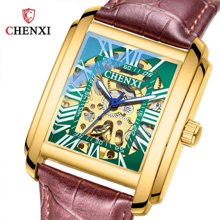 CHENXI TikTok Live Explosive Square Hollow Mechanical Watch Men's Leather Waterproof Automatic