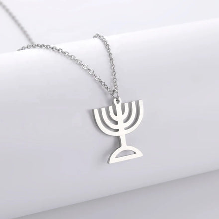 Menorah Candle Holder Pendant Necklace for Women Geometric Religious Chain Necklaces Stainless Steel Jewelry Gift