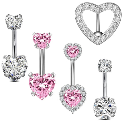 Set of 5 Cute Pink Heart Stainless Steel Belly Button Rings 316L Surgical Steel Navel Piercing Jewelry for Women