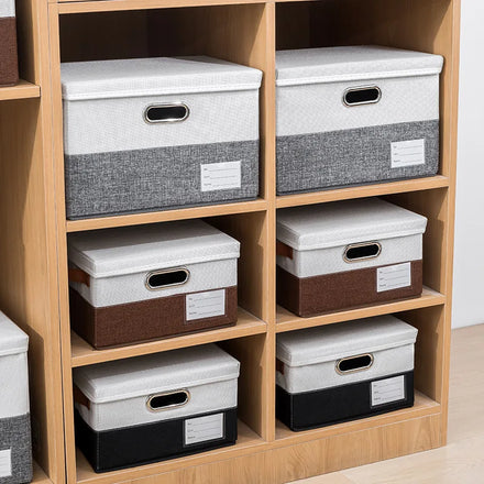 Linen Fabric Closet Organizer with Lid Patchwork Collapsible Clothes Organizer Foldable Clothing Storage Box with Metal Handle