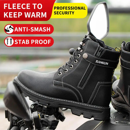 JIANKUN Unisex CE Certified Work Boots Genuine Leather Safety Shoes Microfiber Upper Rubber Outsole Non-Slip Cotton Fabric