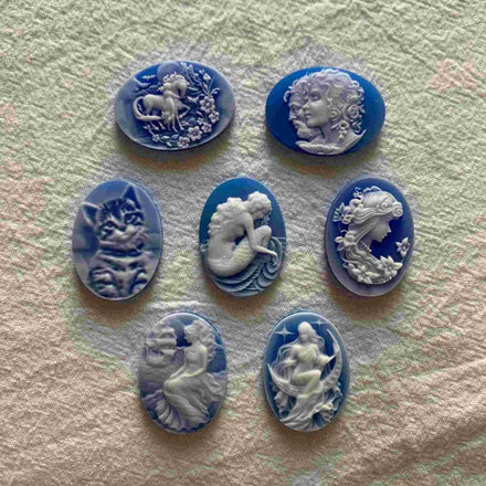 Western Vintage 22x30 30x25 Blue Black Oval Natural Carved Elegant Lady Portrait Animal Flat Back Loose Cameo Gemstone Cabochon