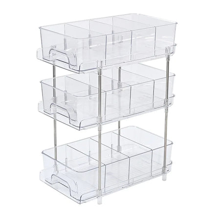 Newest Design Pull Out Clear Under Sink Organizers 3 Tier Clear Bathroom Organizers with Dividers