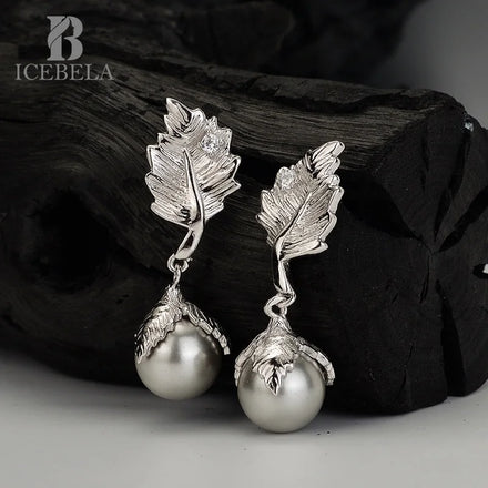 ICEBELA Jewelry Niche Design 925 Sterling Silver Stud Earring Vintage Handmade Leaf Shape Shell Beads Drop Earrings for Girls