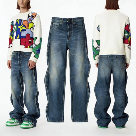 AeeDenim High Street Letter Print Destroy & Stonewashed Unisex Wide Leg Mid Waist Loose Fit Denim Jeans