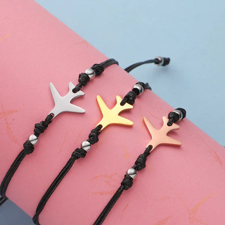 New Couple Simple European and American Wind Wax Rope Woven Adjustable Bracelet Curved Long Hollow Airplane Hand Bangle Jewelry