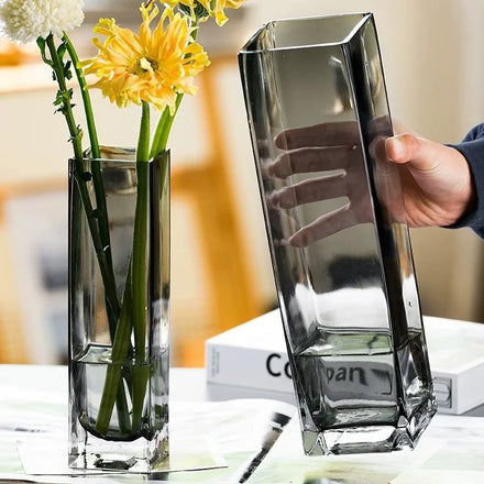 Hand Blown Crystal Square Tall Vase Creative Glass Vase for Wedding Table Flower Arrangements Unique Wedding Tabletop Vases