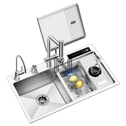 NILLOS N8246X8 Smart Kitchen Sink Double Bowl Four Hole 304 Stainless Steel Handmade Square Modern Brushed/Black Nano Coated