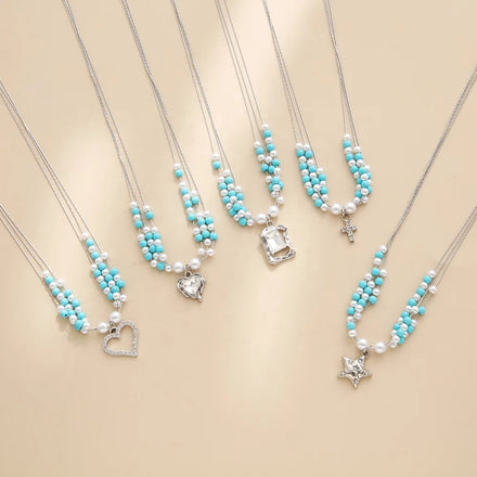 Women's Vintage Style Imitation Pearl Turquoise Beads Cross Heart Gemstone Rhinestone Charms Stainless Steel Chains Jewelry