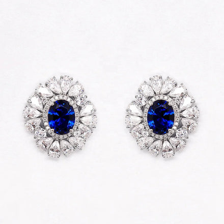 Luxurious and Elegant Oval Ruby Synthetic Corundum Earrings 925 Silver Synthetic Zircon Halo Silver Earrings