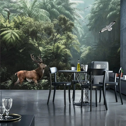 Forest Animal Wallpaper Background Wall Mural Landscape Theme Tropical Rain Forest Wild Deer Green Plants Nature Wallpaper
