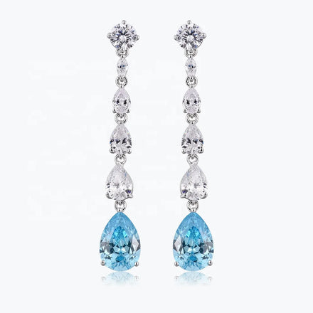 Simple Treadment Pear Cut Sea Blue Synthetic Zircon Earrings for Women Stylish 925 Sterling Silver Synthetic Zircon Jewelry