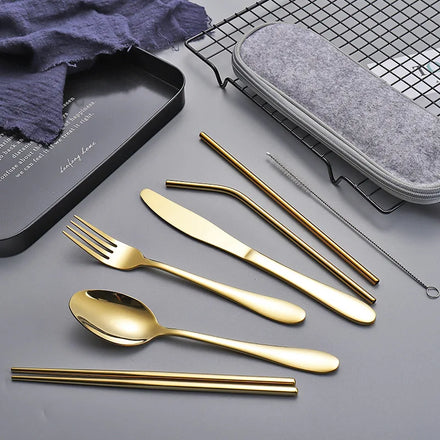 Portable Stainless Steel Cutlery for Outdoor Picnics Flatware Chopsticks and Straws 8-Piece Set With Zipper Bag