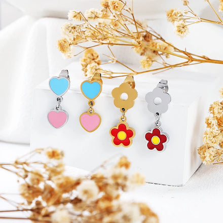 HOVANCI Summer Jewelry Waterproof Trendy Enamel Floral Daisy Stud Delicate Stainless Steel Candy Colorful Flower Heart Earings