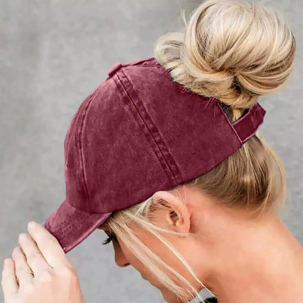 Women's Vintage Washed Distressed 6-Panel Baseball Cap High Ponytail Hole Dad Hat-Sporty Image Formal 100% Cotton Common Fabric