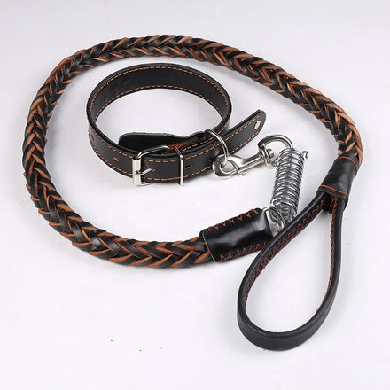 Cowhide Dog Collar and Leash Set for Medium to Large Dogs Spring Buffer Design Leather Leash Lead for Dogs