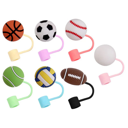 Reusable Baseball Tennis Football Silicone Straw Covers Straw Toppers Sport 3D Straw Cover for Stanley