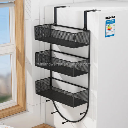 Refrigerator Household Three-Layer Foldable Metal Storage Rack for Seasoning Wall Mounted Hooks Multifunctional Storage Basket