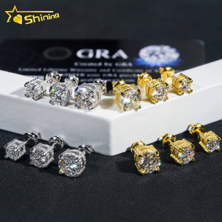 Factory Price Ready to Ship Classic Style Prong Setting 925 Sterling Silver Hip Hop Round VVS Moissanite Stud Earring