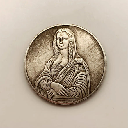 Antique Handicraft Italy Mona Lisa Brass Antique Silver Plated Old Silver Souvenir Coin