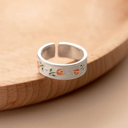 Fashion 100% 925 Sterling Silver Pink Orange Enamel Tulips Ring for Women Gifts 2024 New