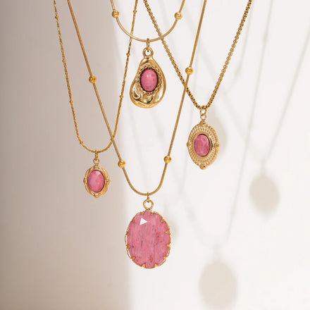 French Style Rhodochrosite Charms Luxury Natural Stone Fashion Rose Gold Plated Stainless Steel Anniversary Pendant Necklaces