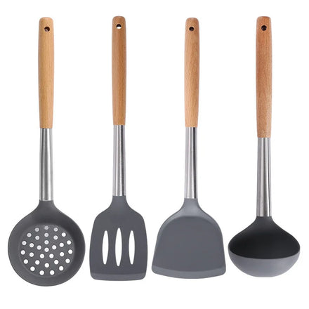 Four-Piece Kitchenware Set Stainless Steel Beech Silicone Spatula and Soup Spoon Heat-Resistant Non-Stick Pan Utensils Set