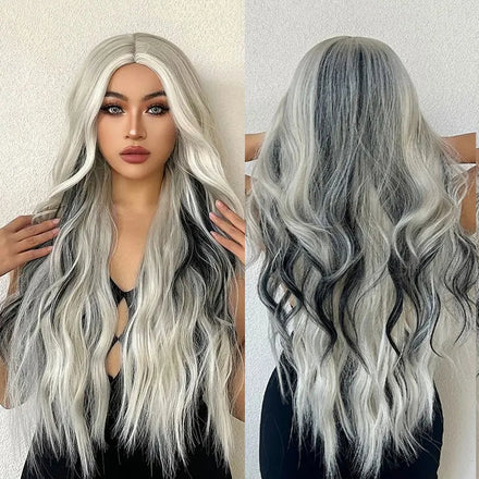 White Black Long Wave Synthetic Wigs for Black Women Middle Part Hair Daily Cosplay Heat Resistant Wigs