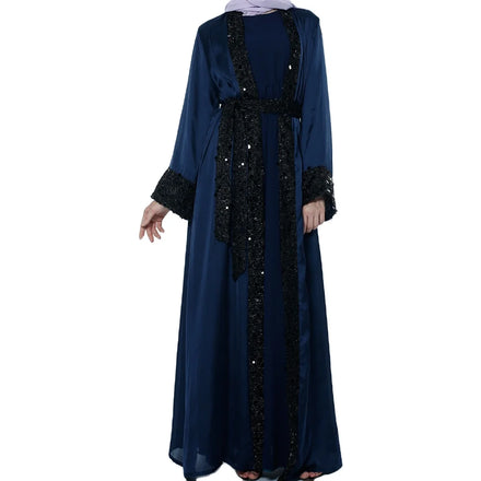 China Factory Directly Sale Open Style Silk Feeling Fabric Glitter Decoration With Belt Qatar Turkey Dubai Abaya Designs