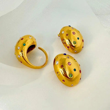 Colored Zircon Irregular Oval Earrings Water Drop Open Ring Fashion Stainless Steel Plated 18K Jewelry Set