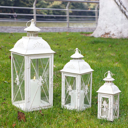 Set of 3 Garden White Candle Lantern Vintage Iron Square Lanterns Hanging Glass Wedding Decorative Lanterns