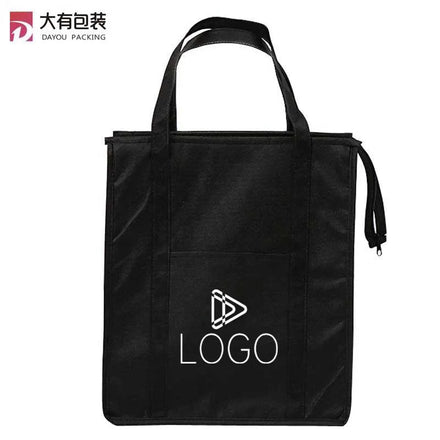 Hot Sale Trendy Black Insulated Portable Lunch Bag with Zipper Non-Woven Cooler Bag for Outdoor Picnic Food Storage