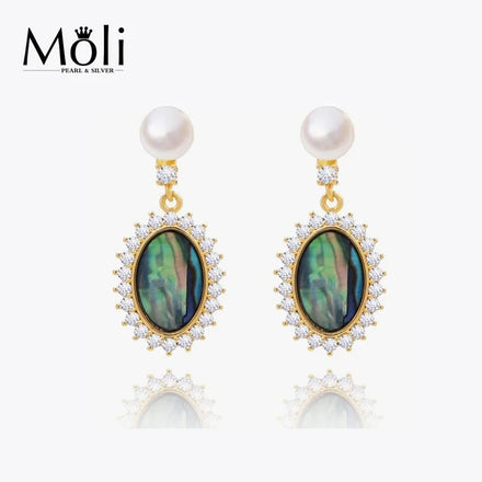 Fashion New Design Abalone Shell Charm White Button 5-6mm Real Pearl Stud Drop Earrings