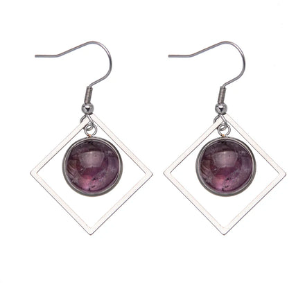 Natural Crystal Stone Geometric Figure Rose Quartz Amethyst Earrings for Women Jewelry Crystal Stainless Steel Lug Hook