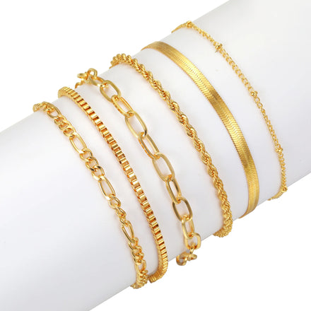 Fashion 6 Pcs/Set Gold Plated Snake Bone Chain Bracelet Set Bohemian Multi Layer Twist Rope Chain Bracelet Set