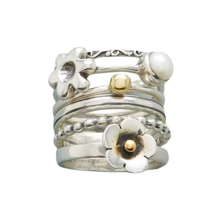 2025 New Wholesale Trendy Simple 6PCS Flower Alloy Plated Jewelry Rings Plating Pearl Rings Decorative Ring Set for Women