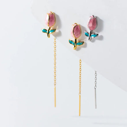 Long Link Chain Silver Gold Tulips Shape Drop Earrings Wholesale 925 Sterling Silver Jewelry Gifts