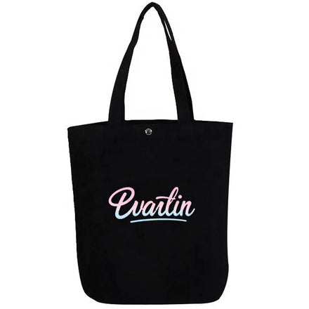 Black Heavy Cotton Canvas Dust Tote Bag Button Closure Eco-Friendly Vanity Shopping Bag Cartoon Embroidered Logo Free Sample