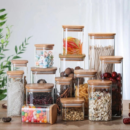 Square Sealed Glass Bottles Jars New Tea Coffee Beans Transparent Storage Boxes Candy and Snack Tins With Bamboo Lid