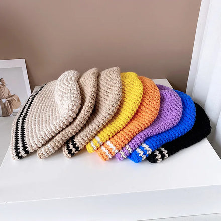 Wholesale Osoplay Handmade Knitting Hat Women's Stripy Crochet Furry Caps Unisex Bucket Hats for Fishing Casual Party Daily Use