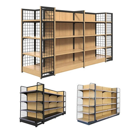 KEWAY Double-Sided MDF Metal Wooden Supermarket Gondola Display Racks Floor Stand Shelving for Retail Stores