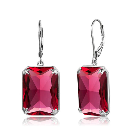 Fashionable Sterling Silver Ruby Wedding Square Red Gemstone Drop Long Sterling Silver Hoop Earrings 925