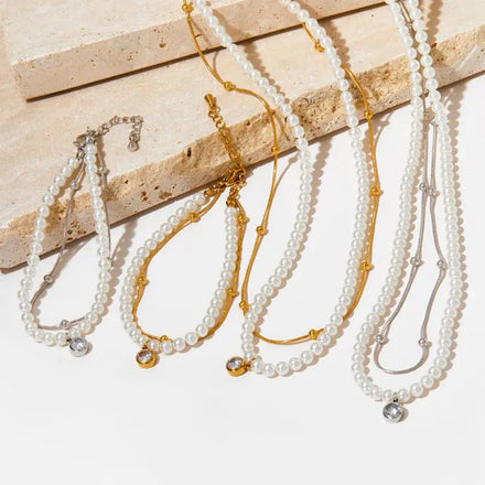 Women's Waterproof Stainless Steel Jewelry Set Geometric Pattern Beaded Charm Bracelets Snake Chain Necklace with Layered Pearls