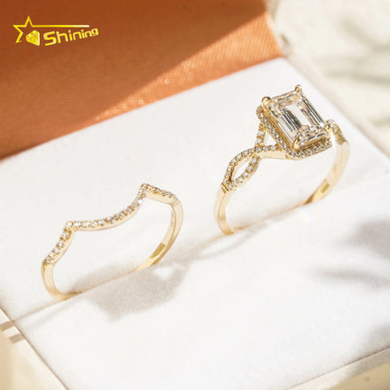 Fine Jewelry 14K Solid Yellow Gold Rings with Certificate Emerald IGI Lab Grown Diamonds Engagement Ring Set Ready to Ship