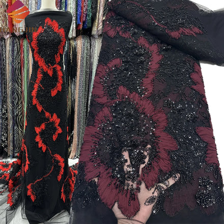 Wholesale Price Embroidered Fabric for Ladies African Tulle Lace Fabric High Quality Heavy Beaded Lace Fabric for Wedding Dress
