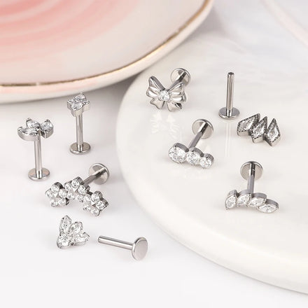 G23 F136 Titanium Nose Studs Cz Earrings Butterfly Leaf Labret Piercing Jewelry Lip Studs