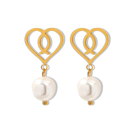 Korean Elegant Double Heart Earrings Pearl Earrings Set Pearl Dangle Earrings Jewelry Women Stainless Steel Silver Jewelry
