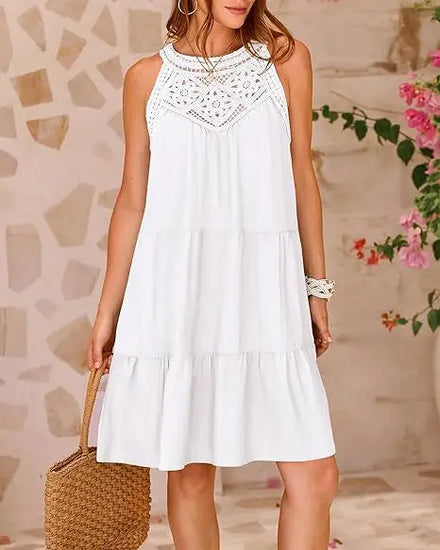 Popular Women's Clothing Trend Hollowed Out Lace Patchwork Hanging Neck A-line Dress