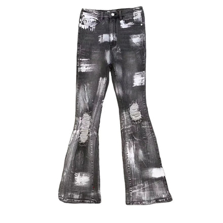 DENIMGUYS Custom Splash Spray Ink Paint Graffiti Men Distressed Denim Bootcut Pants Men's American Street Ripped Flare Jeans